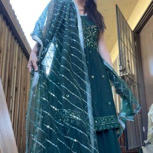 Dark Green and Silver Sharara/Salwar Suit with Mirrorwork